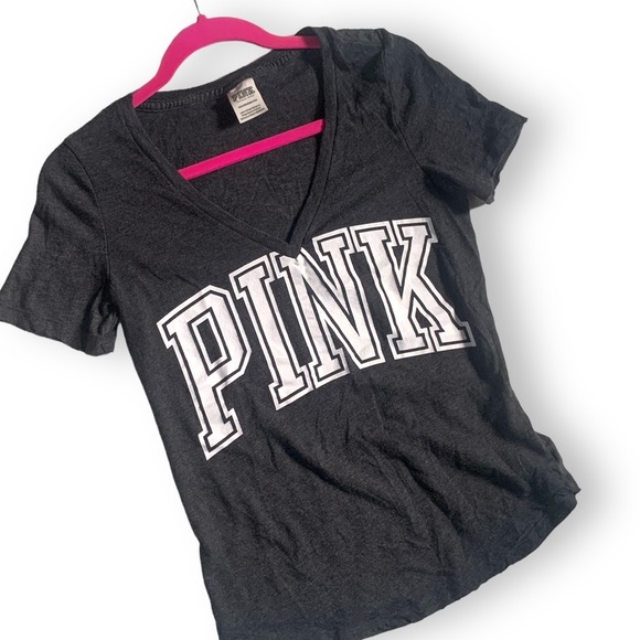 Victoria Secret PINK XS Shirt Short Sleeve Grey & White Shirt V Neck Relaxed Fit - Picture 2 of 9